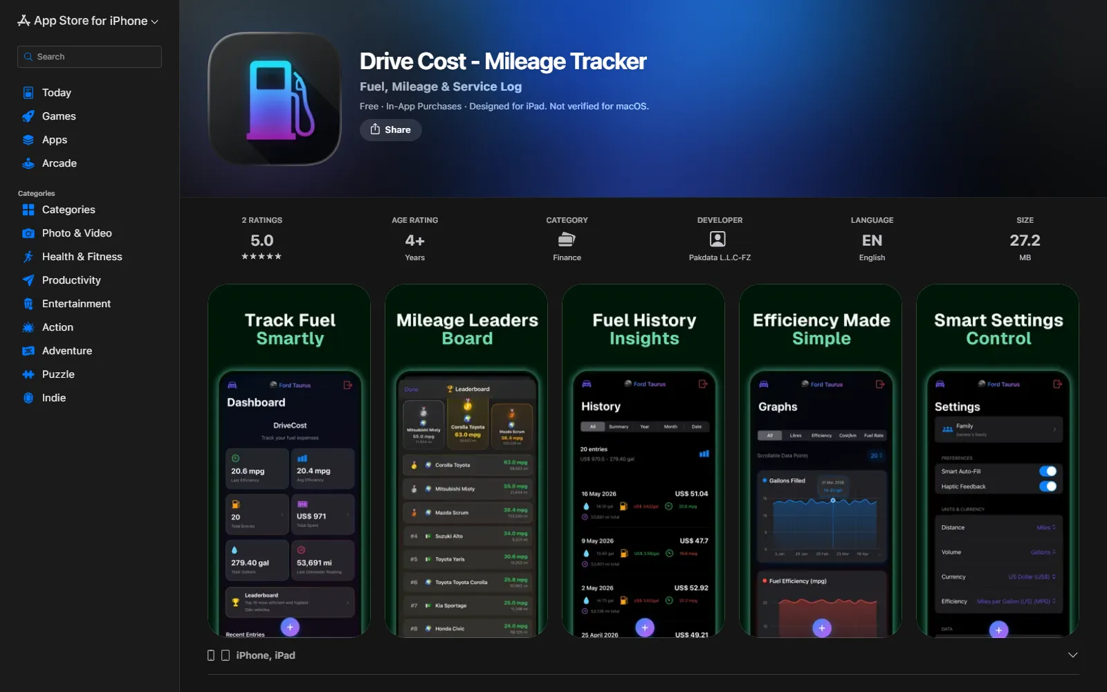 The Drive Cost listing on the App Store, showing the app icon and five screens: the fuel dashboard, a mileage leaderboard, fuel history, efficiency graphs, and settings.