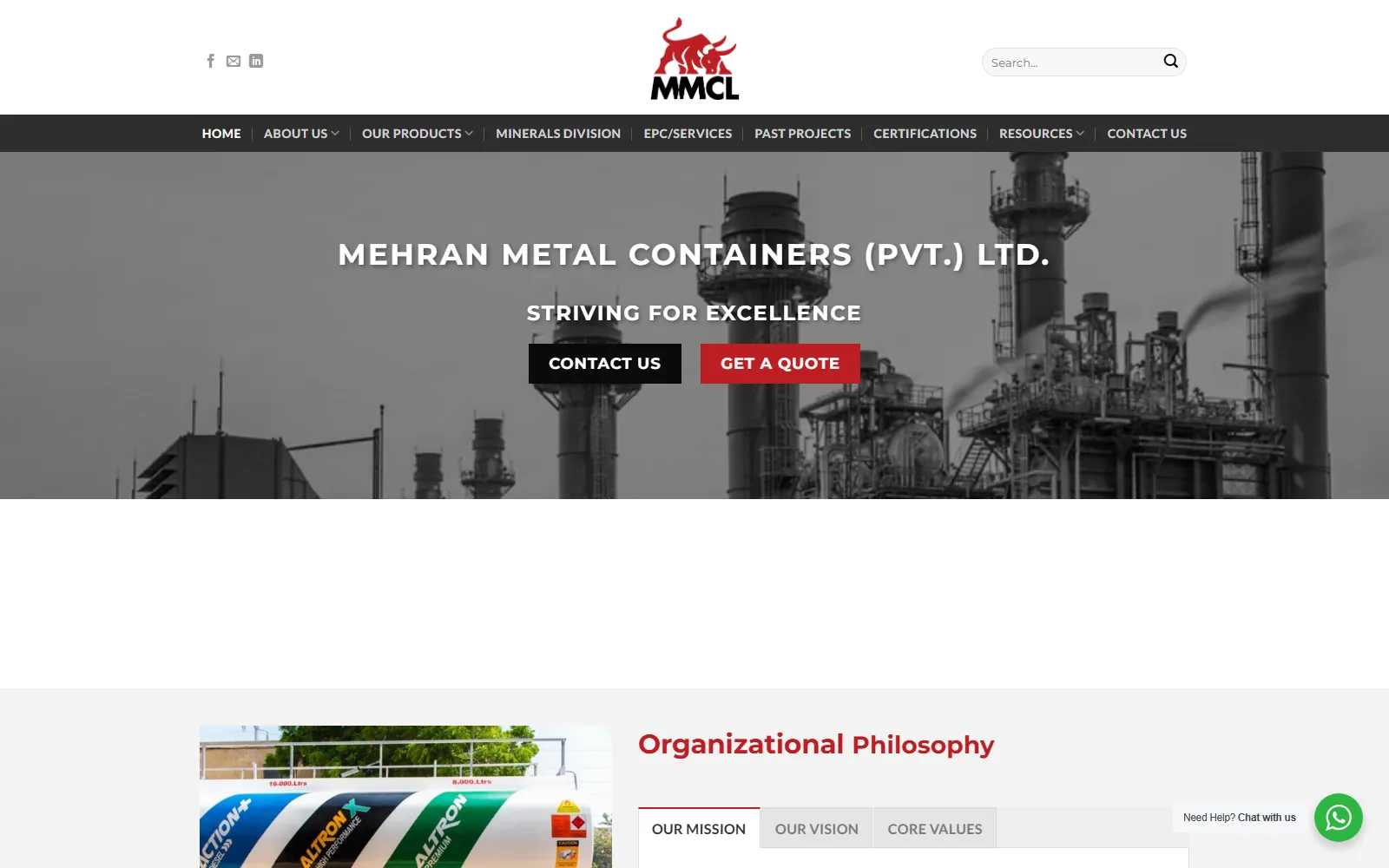 The Mehran Metal Containers homepage, the company name and the line "Striving for excellence" set over a grey photograph of a refinery, with the red MMCL bull mark above the navigation.