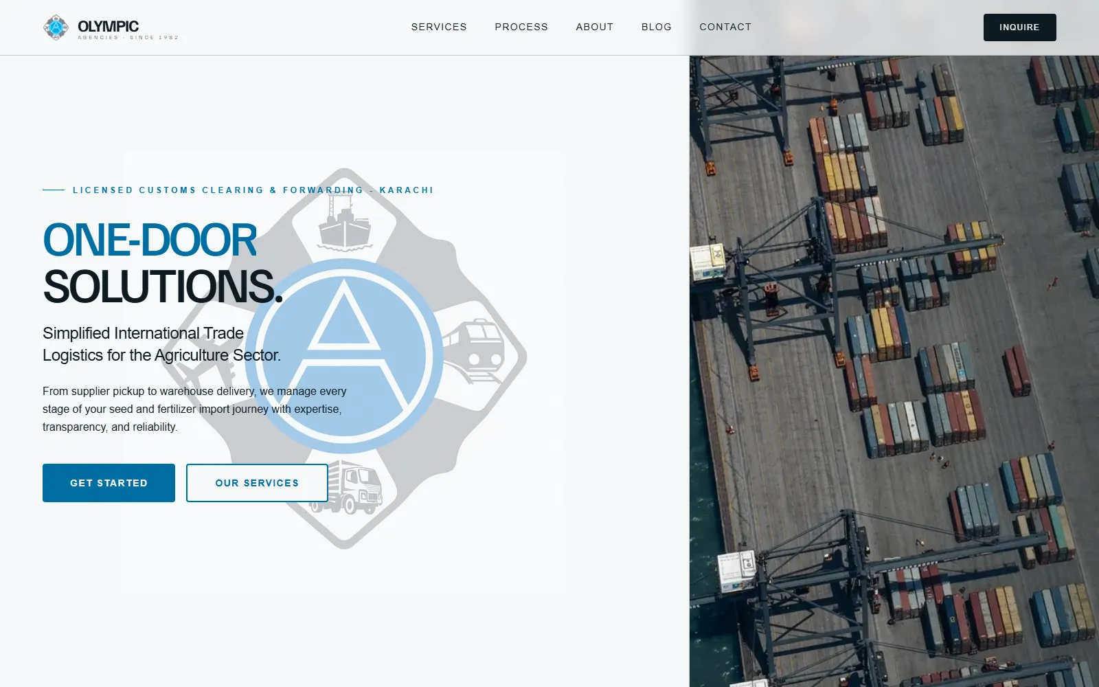 The Olympic Agencies homepage, headlined "One-Door Solutions" over an aerial photograph of a container terminal, introducing simplified trade logistics for the agriculture sector.
