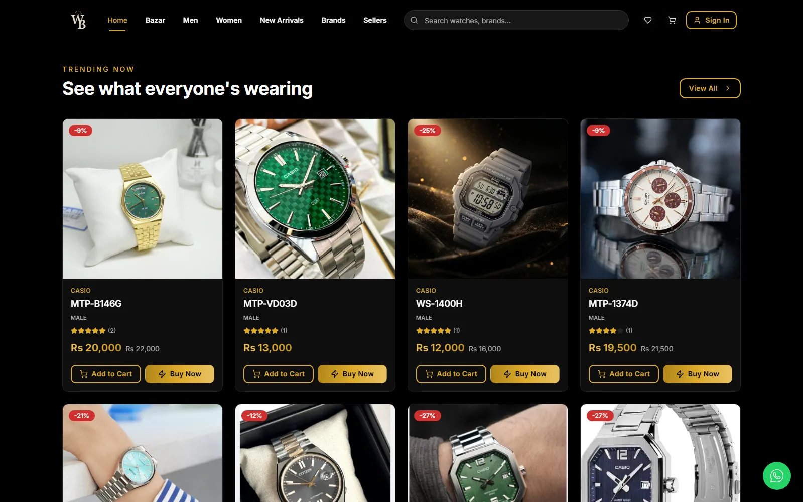 The Watch Bazar storefront, showing the trending watches collection with prices and add-to-cart controls.